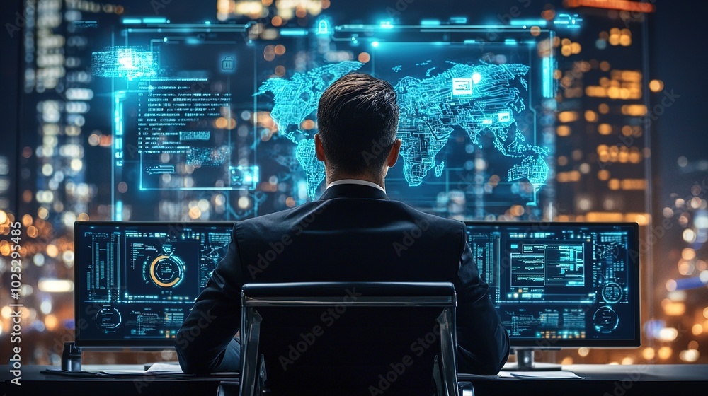Poster a professional engrossed in data analysis, working at dual screens amidst a cityscape, showcasing di