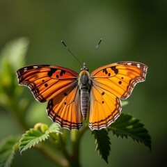 Ein sch&ouml;ner orangefarbener Schmetterling mit schwarzen Punkten sitzt auf einem gr&uuml;nen Blatt, 
