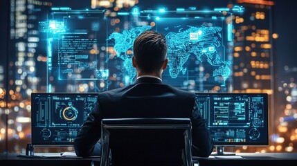 A professional engrossed in data analysis, working at dual screens amidst a cityscape, showcasing digital maps and futuristic interface elements.