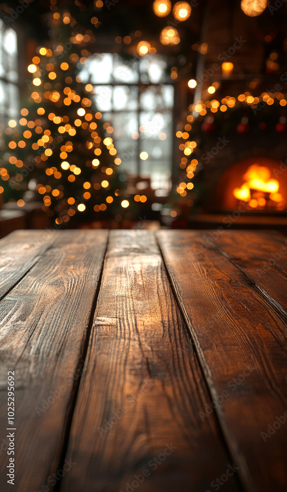 Aufkleber a wooden table with a christmas tree in the background. the table is empty and the tree is lit up wi