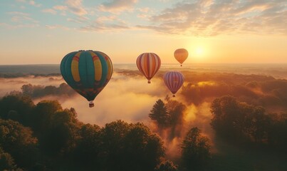 Fototapeta premium Aerial view of hot air balloons at sunrise