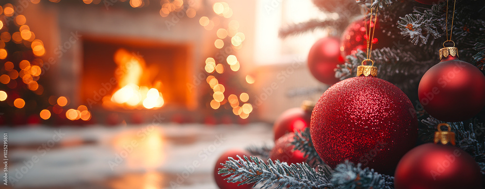 Poster a red christmas tree with a red ball on top of it. the tree is surrounded by a fireplace and a mantl