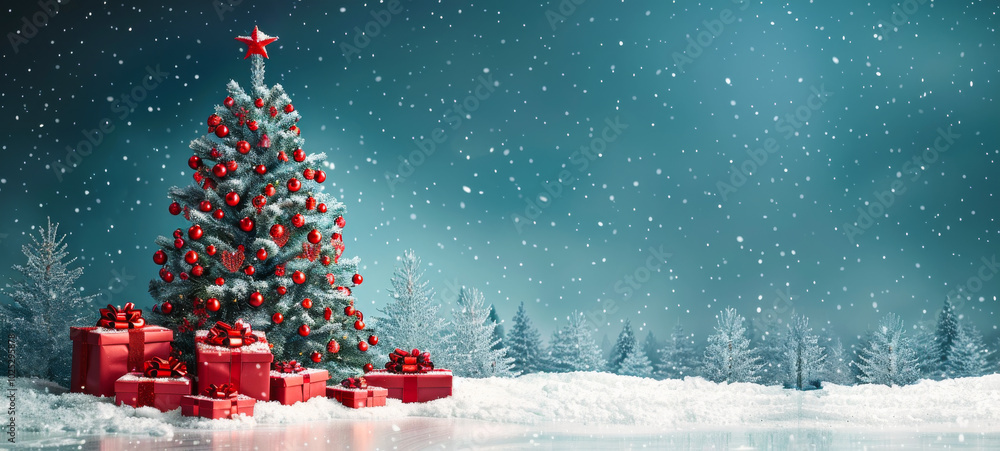 Poster a christmas tree with red ornaments and a star on top. the tree is surrounded by a snowy landscape w