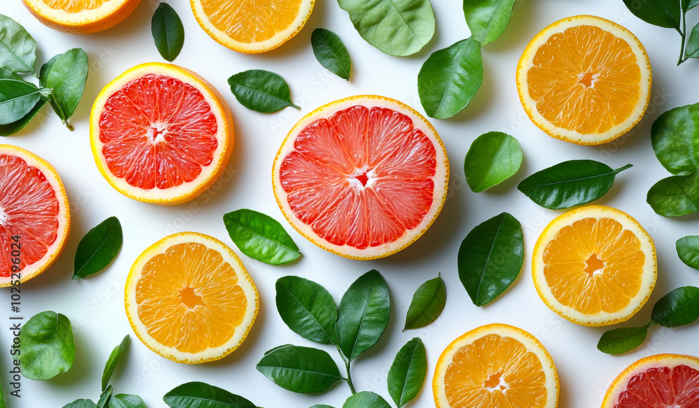 Poster a close up of a bunch of oranges and green leaves. the oranges are cut in half and arranged in a pat