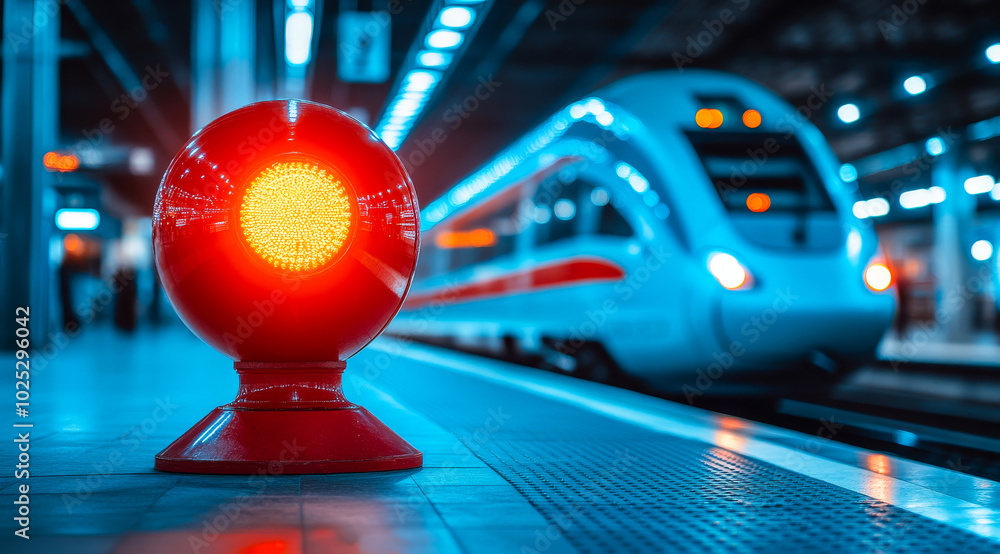 Poster a red ball with a red light on it is placed on a platform next to a train. the ball is red and the l