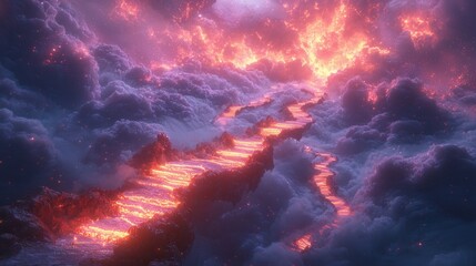 A mesmerizing scene of fiery lava winding through vibrant clouds, depicting surreal colors and an ethereal atmosphere in a fantastical landscape.