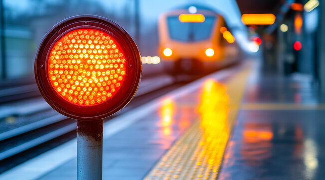 A red traffic light is lit up next to a train station. The train is approaching the station and the light is warning the passengers to stop