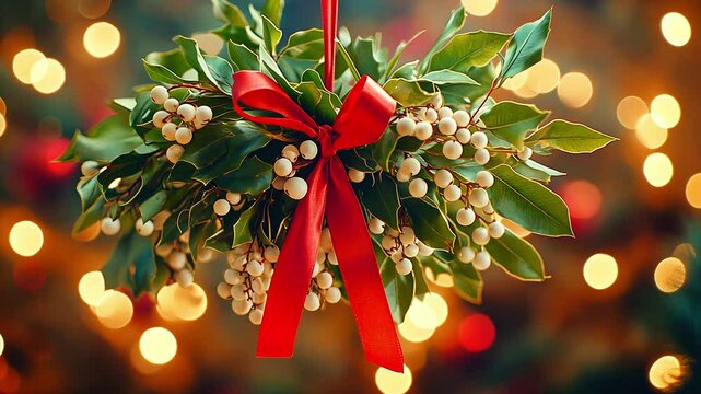 Festive Holiday Wreath with Red Ribbon and White bundle of mistletoe . Against Warm Bokeh Lights