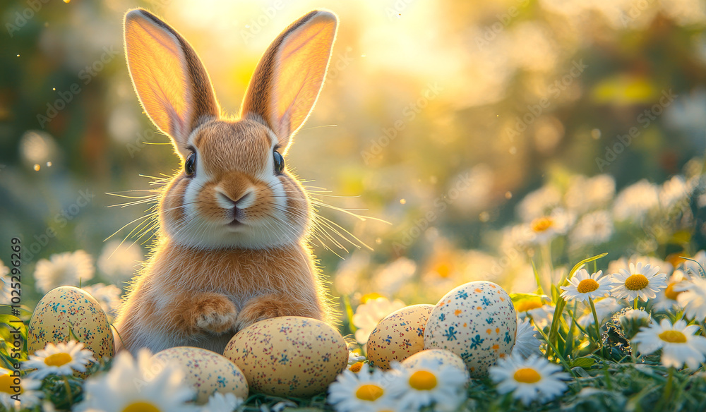Poster a rabbit is sitting in a field of flowers and eggs. the rabbit is looking at the camera with a curio