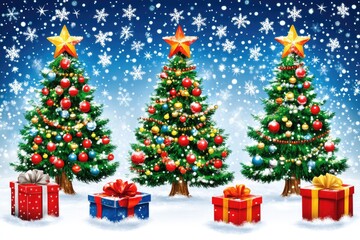 Festive christmas trees and gift boxes with snowy background and falling snowflakes