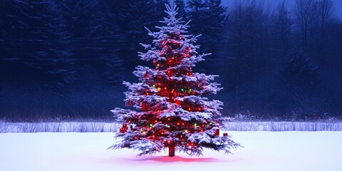 Snow-covered christmas tree illuminates quiet winter night scene in forest