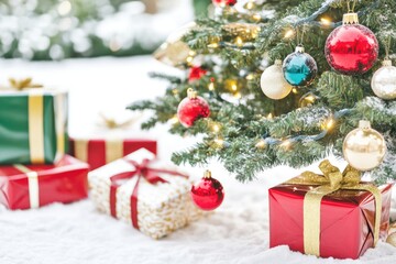Festive christmas scene with decorated tree and colorful gifts in snowy setting