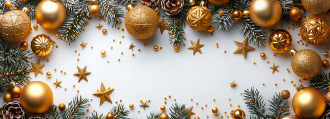 A gold and green Christmas tree with many gold and green ornaments. The tree is surrounded by a white background