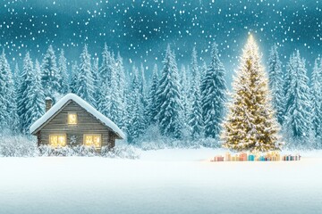 Naklejka premium Cozy cabin and illuminated christmas tree in snowy winter wonderland