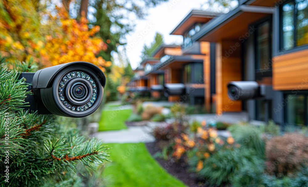 Poster a camera is mounted on a tree branch in front of a row of houses. the camera is pointed at the house