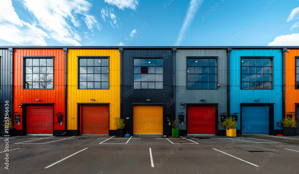 Poster a row of colorful buildings with a blue sky in the background. the buildings are multi-story and hav