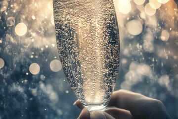 Sparkling bubbles in champagne glass against bokeh lights
