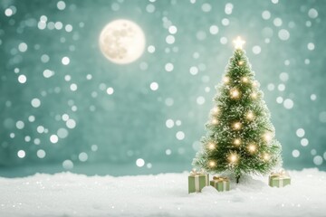 Festive christmas tree with presents and snow under a full moon