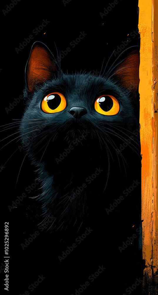 Poster a black cat with yellow eyes is looking out of a window. the cat is looking at something outside, bu