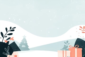 Winter wonderland with gift boxes and snowy landscape illustration