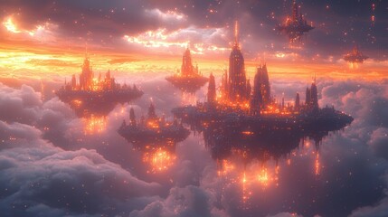 Fototapeta premium A breathtaking view of floating cities illuminated against a sunset sky, surrounded by clouds. A surreal blend of fantasy and beauty in a vibrant atmosphere.
