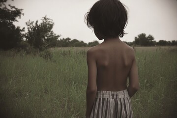 Child exploring nature in a serene summer landscape