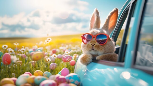 Adorable easter bunny in sunglasses peeking from a car filled with colorful easter eggs - Powered by Adobe