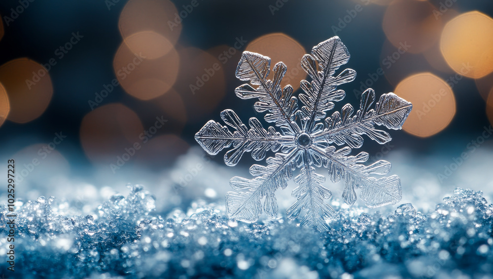 Aufkleber a snowflake is on top of the snow. the snowflake is very clear and shiny. the snow is white and the 