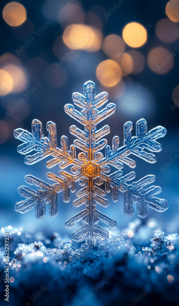 Poster a snowflake is on a blue background. the snowflake is surrounded by a blurry background. the snowfla