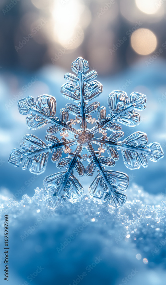 Poster a snowflake is sitting on top of the snow. the snowflake is very small and is surrounded by a lot of