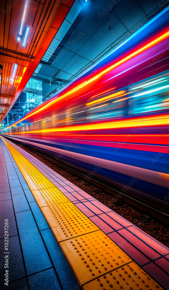 Poster a train is passing by a platform with a yellow line. the train is very long and has a bright red str