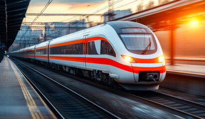 Naklejka premium A train is traveling down the tracks with a bright orange stripe on the side. The train is surrounded by a cityscape, with buildings in the background. Concept of motion and energy