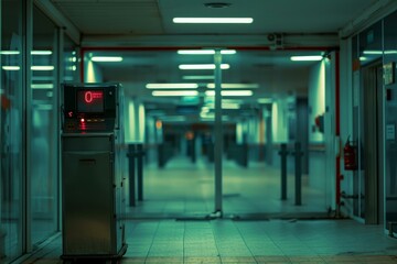 Medical equipment displaying zero in an empty hospital corridor