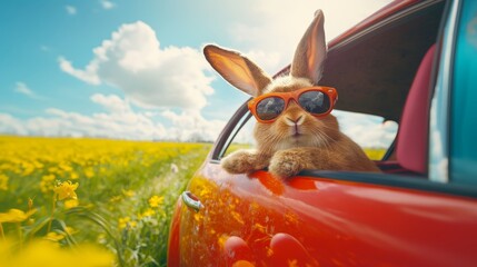 Adorable easter bunny in sunglasses peeking from a car filled with colorful easter eggs