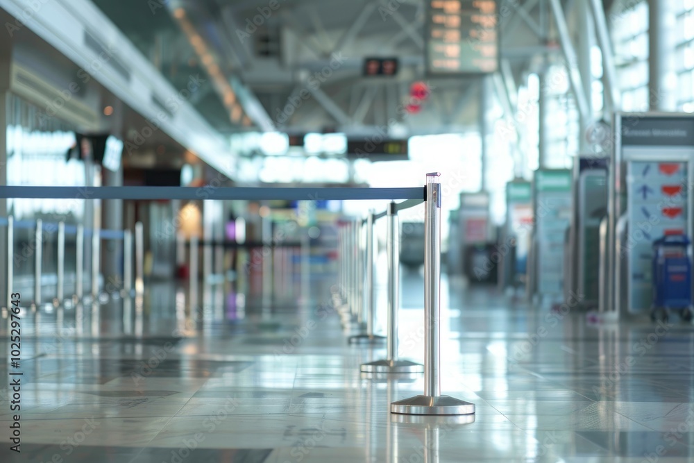 Poster empty airport terminal with nobody in sight, showing check in counters and security check point in t