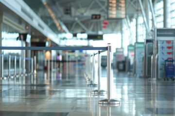 Fototapeta premium Empty airport terminal with nobody in sight, showing check in counters and security check point in the background