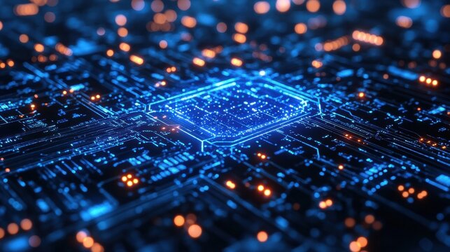 Close-up of futuristic digital chip with blue and orange lights, electronic circuit board, technology innovation, microchip, AI hardware, data processing, integrated system, tech infrastructure