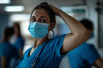 Medical professional in scrubs adjusts her hair in a healthcare setting