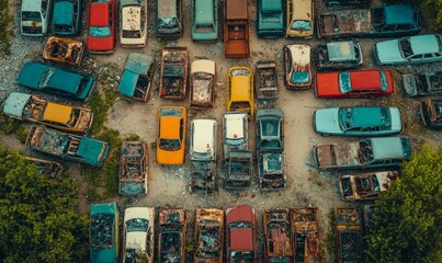 Aerial view of scrap yard with rows of old cars