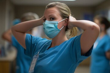 Healthcare worker adjusts mask while preparing for duty in a medical facility