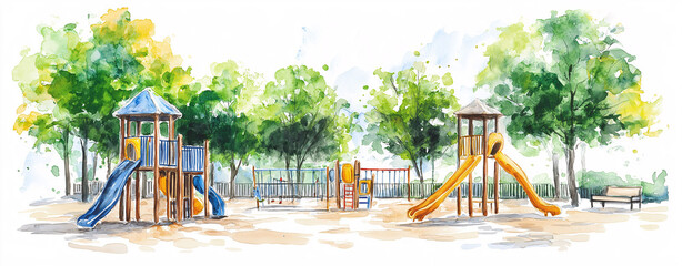 Watercolor painting with outdoor activity in a park and garden with flowers during a sunny summer day surrounded by playground equipment such as swings and slides.