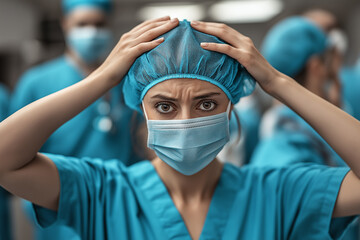 Medical staff in surgical scrubs express concern during a critical moment