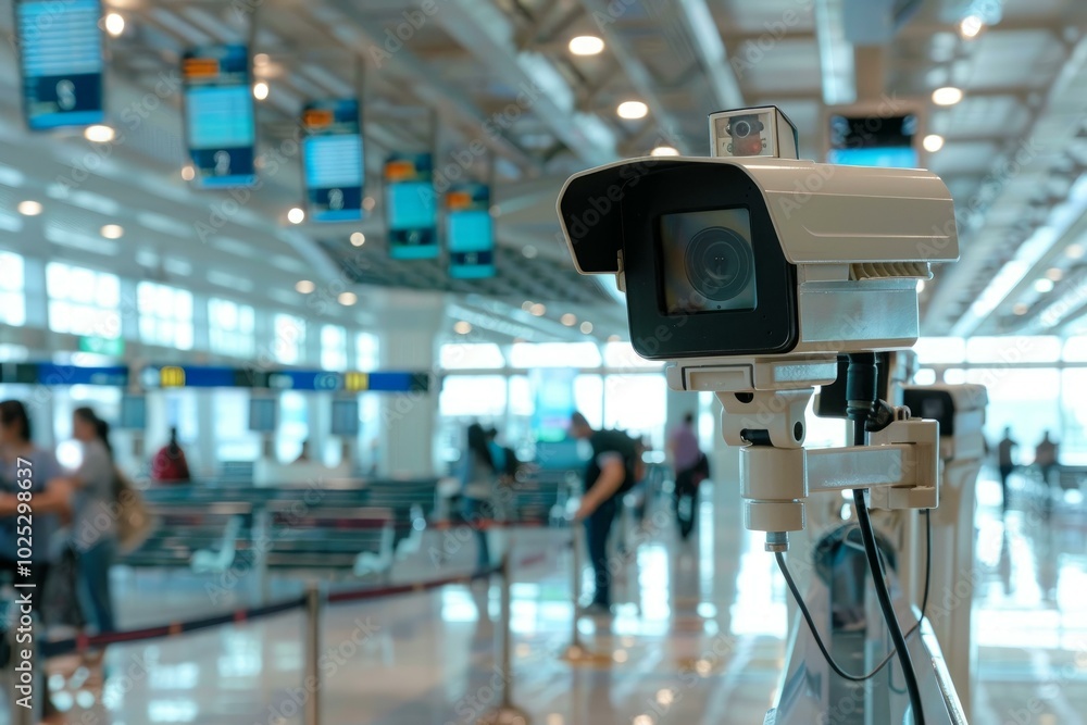 Poster security camera is monitoring passengers waiting for boarding in airport terminal