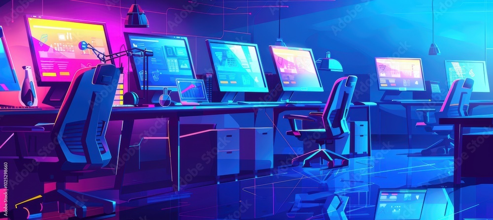 Poster modern tech startup workspace with vibrant monitors for energetic developer team