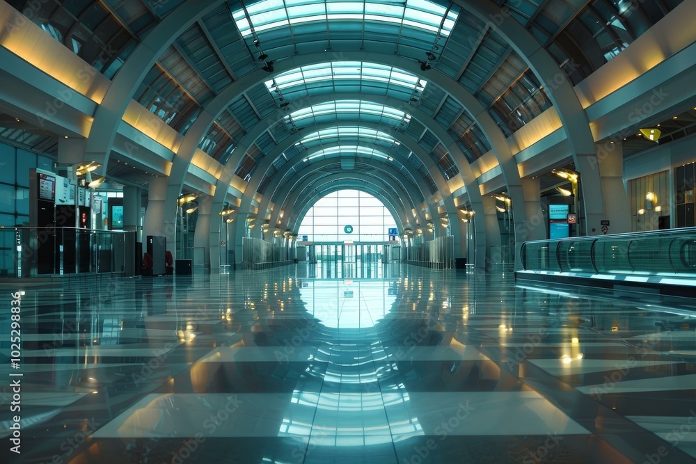 Poster empty modern airport terminal with shiny floor reflecting the curved ceiling and the windows at the 