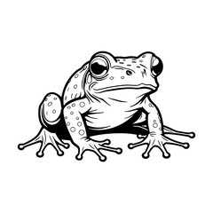 Black and white line drawing of a frog sitting upright