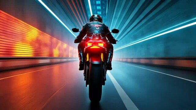 A motorcyclist leans into the motorcycle to accelerate at top speed through a neon-lit tunnel at night
