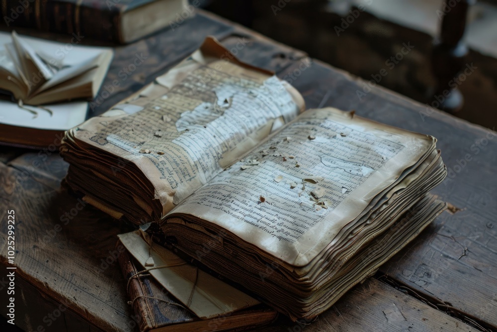 Poster ancient book with torn pages lying on a wooden table, showing the passage of time and the fragility 