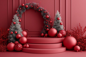 A red and silver Christmas tree with a red archway in the middle