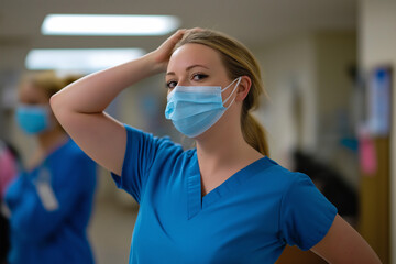Healthcare worker adjusts mask while preparing for duty in a medical facility